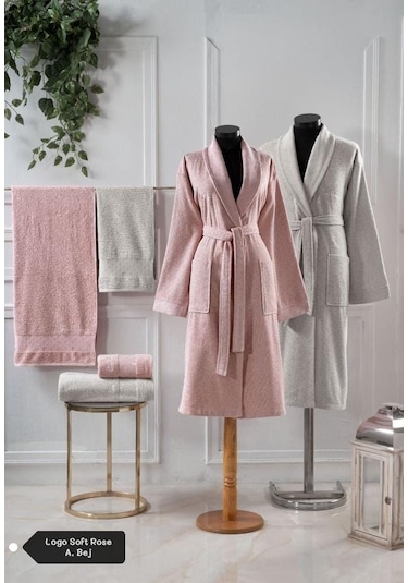 Pierre Cardin 6 Parça Jakarlı Aile Bornoz Seti-logo Soft Decorose Açık Gri - Pembe