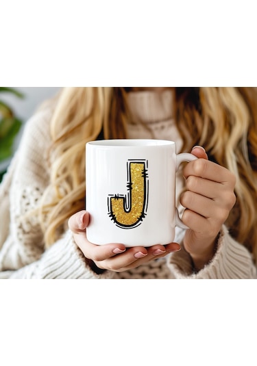 J Harfi Gold Simli Kupa Işıltılı Alfabe Harf Tasarımlı Kahve Kupası - Kişiye Özel Hediye Beyaz