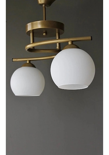 Ömür Avize Kopya - Modern Gold Kasa Beyaz Camlı Avize 2li