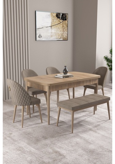 Milas Meşe Desen 80x132 Mdf Açılabilir Yemek Masası Takımı 4 Sandalye, 1 Bench Cappucino