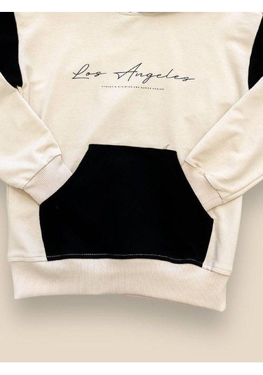 Erkek Çocuk Kapüşonlu Los Angeles Yazılı Pamuklu Sweatshirt-14694 Bej