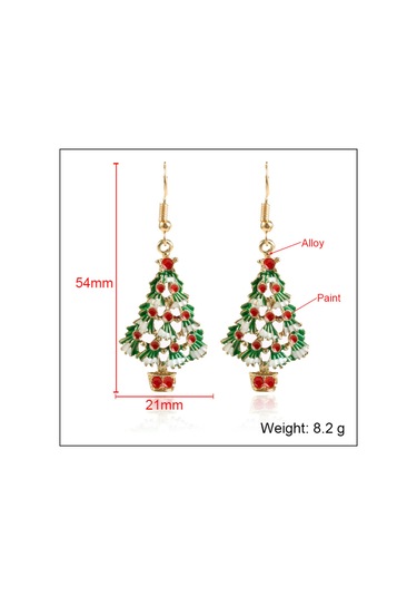 Vkemall Noel Ağaç Desenli Renkli Altın Zincirli Küpe - Noel Partileri Ve Hediyelik Özel Tasarım Gold