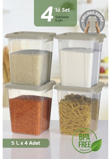 4'lü Organizer Box 5 L Un Bakliyat Erzak Kabı - Kilit Kapaklı Düzenleyici Deterjanlık Saklama Kutusu Bej