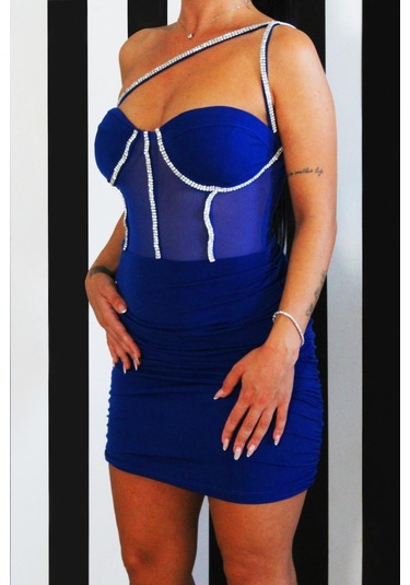 Taş Askı Tül Detay Elbise-Mavi