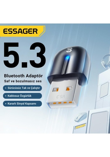 Essager Bluetooth Vers.5.3 Usb Bluetooth Adaptör Usb Bluetooth 5.3 Wireless Adaptör Tak Çalıştır