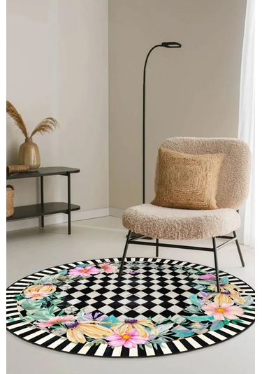 Zeminde Bir Bahçe Doğayla Geometrinin Buluştuğu Nokta Dekoratif Kaymaz Taban Yuvarlak Halı Siyah - Beyaz