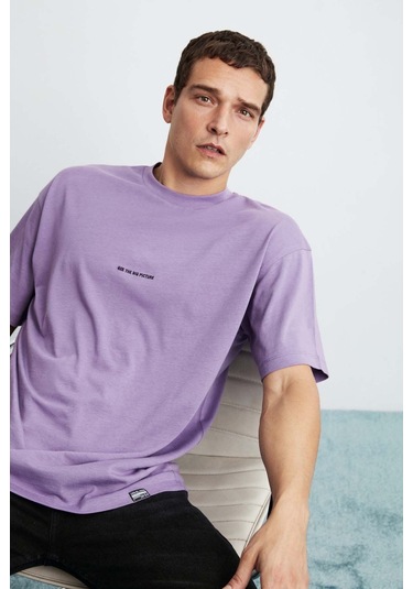 GRIMELANGE Rıver Erkek Oversize Fit Bol Kesim Nakış Işlemeli Basic Örme Mor T-shirt Mor