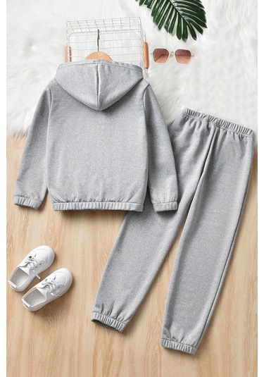 Papatya Kelebek Baskılı Çocuk Rahat Eşofman Takımı Gri