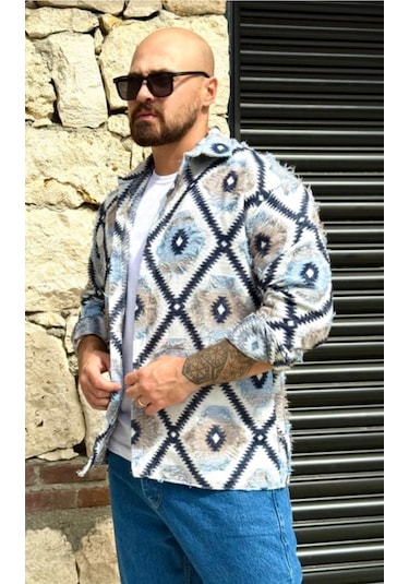 Serseri Jeans Erkek Etnik Desen Gömlek Mavi
