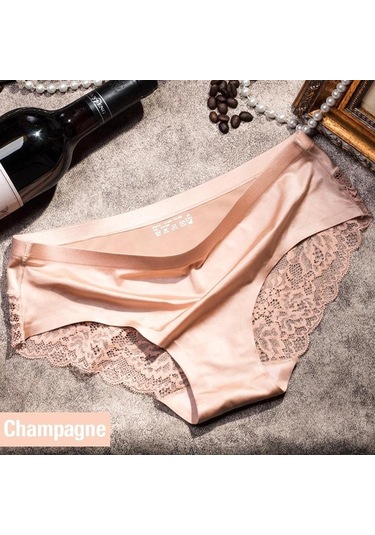 Şampanya Kadın Traceless Buz Ipek Iç Çamaşırı Lüks İnci Dantel Dikiş Üçgen Külot Somon