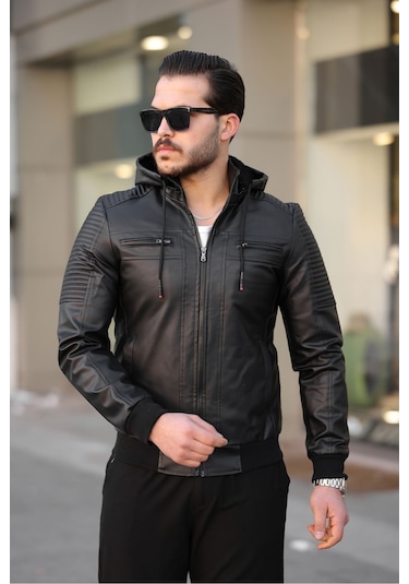 Erkek Siyah Dar Kesim Kapüşonlu Bel Lastikli Ribanalı Deri Ceket & Mont Siyah