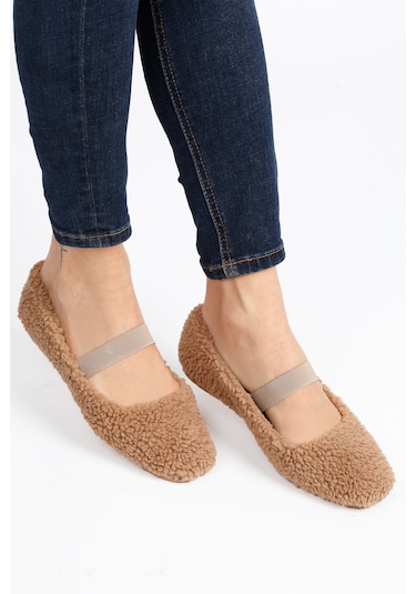 Vizon Peluş Tüylü Bant Detaylı Panduf, Kadın Ev Ayakkabısı, Babet Vizon