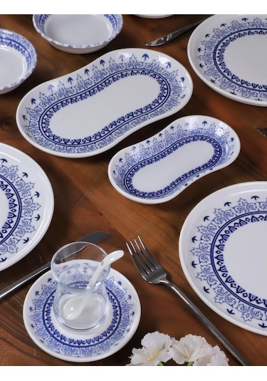 Bambum 49 Parça 6 Kişilik Lenny Porselen Kahvaltı Takımı - Lüx Kahvaltılık Sunum Seti Beyaz - Mavi