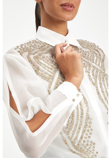 Kadın Şifon Gömlek - Zarif Boncuk İşlemeli Ekru