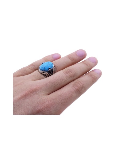 925 Ayar Gümüş Turkuaz(Firuze) Taşlı Çapalı Oval Erkek Yüzük