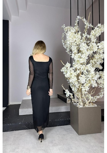 G0844 Kare Yaka Tül Elbise Siyah-siyah Siyah