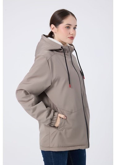 Kadın Vizon İçi Kürklü Su Ve Rüzgar Geçirmez Kapüşonlu Kışlık Mont & Kaban & Parka Vizon