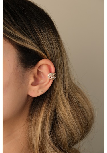 Çildan Womens Gold Özel Tasarım Taş Ve İnci Detaylı Kıkırdak Küpe