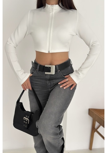 Kadın Fermuarlı Crop Ceket Dinamik & Modern Stil Beyaz