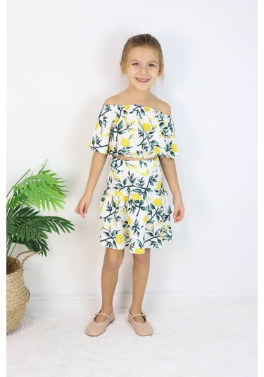 Carmen Yaka Madonna Desenli Etekli Takım - Bahar Esintisi Limon Bahçesi Etekli Takım Çok Renkli