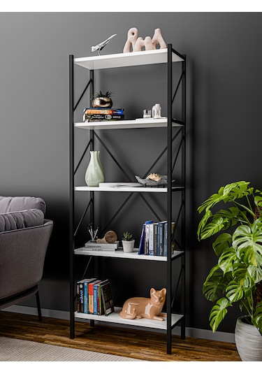 Metal Kitaplık 5 Raflı Dekoratif Kitaplık Ev Ofis Mutfak Rafı Çok Amaçlı Beyaz
