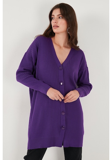 Lela V Yaka Düğmeli Uzun Triko Bayan Hırka 4616040Y Mor