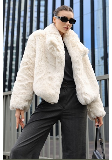 Bigdart5186 Kruvaze Peluş Kürk Kaban - Beyaz 001
