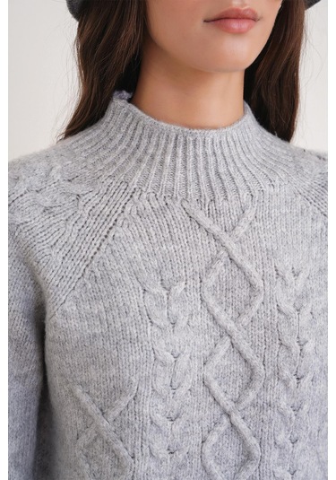 6855 Kadın Dik Yaka Saç Örgülü Triko Kazak Gri Gri