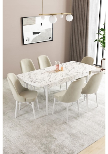 Sar Pakete Almira Serisi, Beyaz Mermer Desen 80x132 Açılabilir Mdf Mutfak Masası Takımı 6 Adet Sandalye Krem