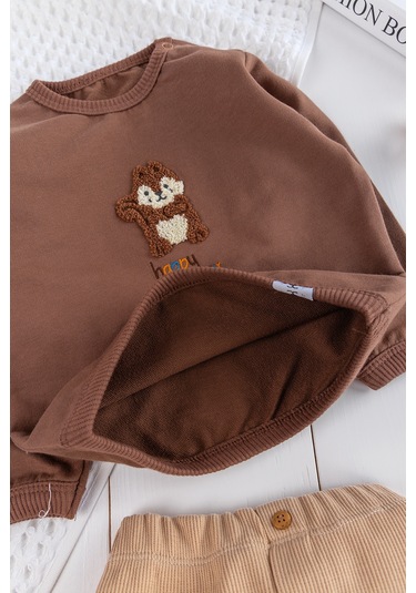 Figürlü 2'li Erkek Bebek Takım Alt Üst Bebek Takımı Kahverengi