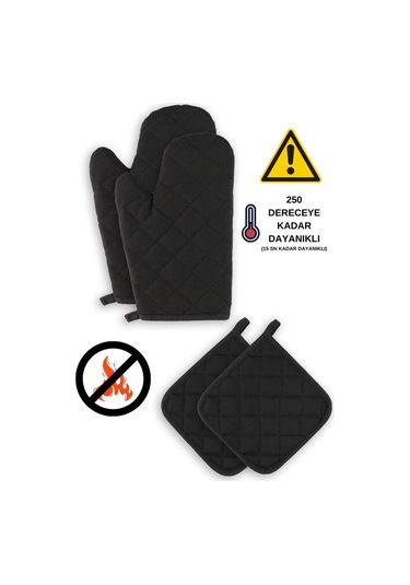 Yanmaz Ve Isıya Dayanıklı Fırın Eldiveni Ve Tutacak 2 Eldiven, 2 Tutacak Siyah