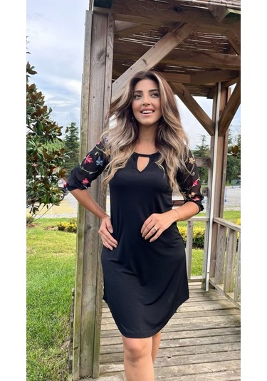 Kadın Fakir Kol Bisiklet Yaka Çiçek Desen Sandy Salaş Kısa Elbise Siyah