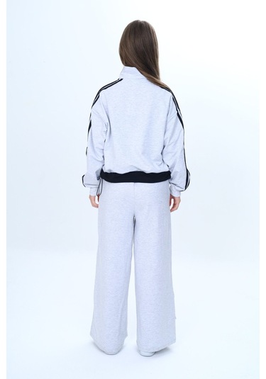 Kız Çocuk 2 İplik Yarım Fermuarlı Garnili Eşofman Takımı %100 Pamuk Rahat Kalıp-325 Ekru