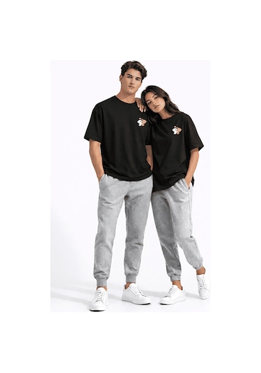 Sevgili Kombini Ayıcık Baskılı Çift Tişört Oversize Unisex Partne Siyah