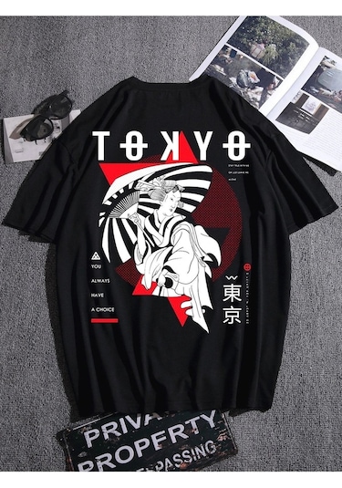 Erkek Siyah Oversize Tokyo Baskılı T-shirt Siyah