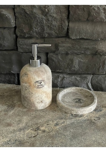 Yeni Silver Traverten Doğal Taş Tepsili Sıvı Sabunluk Seti Beyaz
