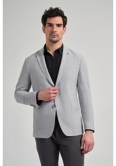 Çizgili Desen Gofreli Mono Yaka Esnek 6 Drop Slim Fit Ceket 1002250122 Gri