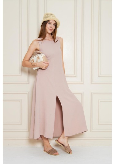 Kadın Sıfır Kol Aerobin Kumaş A Kesim Yırtmaçlı Maxi Yazlık Elbise 3760330 Pudra