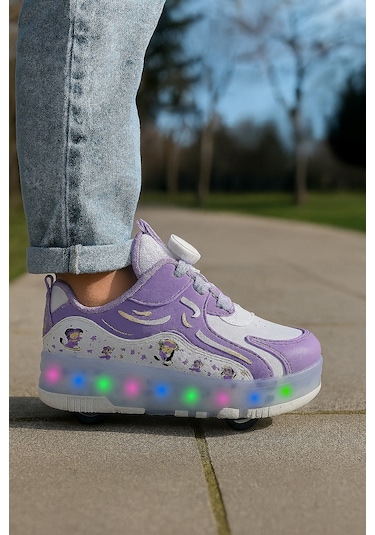 Kaykaylı Çocuk Işıklı Ayakkabı - Işıklı Patenli Kaykay Ayakkabı - Kaykay Ayakkabı Beyaz