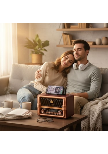 River World Ahşap Retro Tasarımlı Radyo Bluetooth Hoparlörlü Şarjlı Büyük Boy Telefon Tutma Saplı