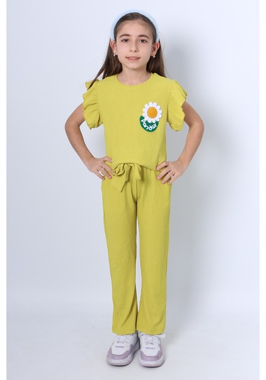 Kız Çocuk İkili Takım Fırfırlı Papatya Nakışlı F11 Yeşil