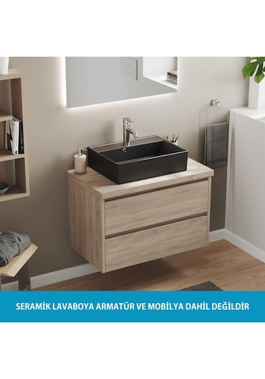 Aqua Bagno Plan Tezgah Üstü Kare Çanak Lavabo 50 x 38 CM Mat Siyah Beyaz