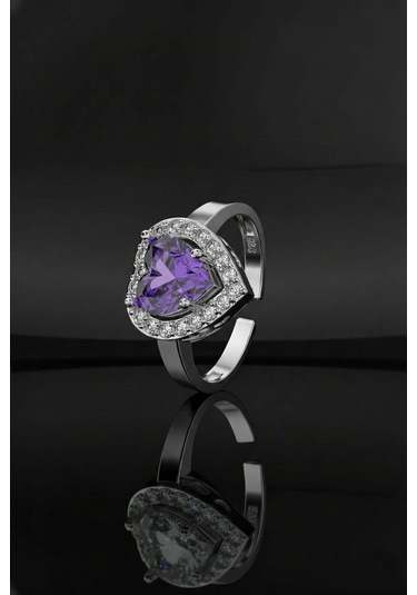 925 Ayar Ametist Taşlı Rodyum Pırlanta Işıltılı Kalp Ayarlanabilir Gümüş Yüzük Gümüş