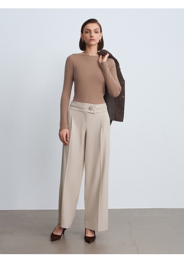 Dilvin 72244 Gold Düğmeli Geniş Paça Pantolon-taş Taş