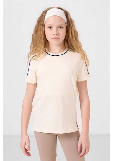 Ekru Pamuklu O Yaka Standart Fit Basic Kız Çocuk T-shirt - 75177 Ekru