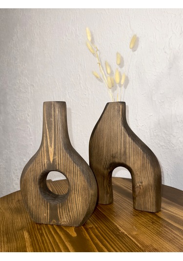 O&a Wood Doğal Ahşap Dekoratif İkili Takım Biblo Vazo Ceviz