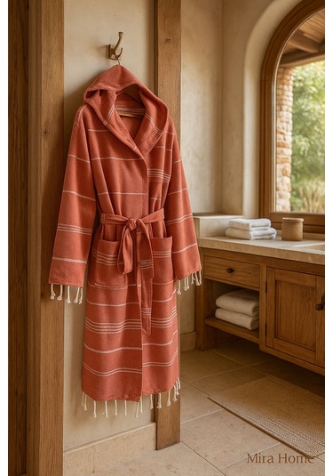 Kapüşonlu Kadın / Erkek Peştemal Bornoz Soft %100 Pamuklu Natural Kiremit