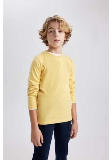 DeFacto Erkek Çocuk Bisiklet Yaka Basic Düz Uzun Kollu Tişört B7771A8NSYL275 Sarı
