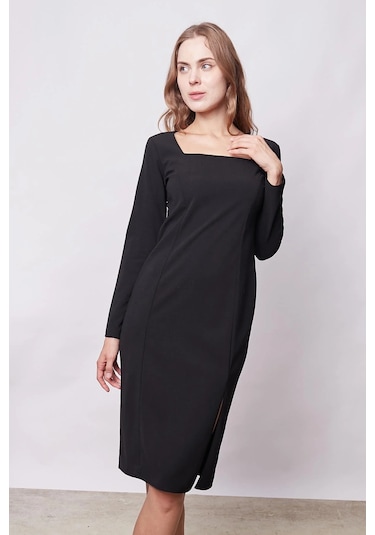 Kadın Likralı Krep Kumaş Kare Yaka Önden Yırtmaçlı Uzun Kol Diz Altı Ofis Elbise-siyah Siyah