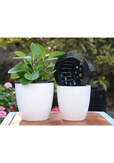 Tembel Saksılar Otomatik Su Emici Hidroponik Saksı Bitkileri Dairesel Reçine Plastik Saksılar Çift Katmanlı Tasarım Kendi Kendini Sulama Ekici, Çap: 11cm, Yükseklik: 10.3cm Beyaz